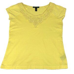 Lauren Ralph Lauren Women's Yellow Cotton Lace Trim Scoop Neck T-Shirt Top Small